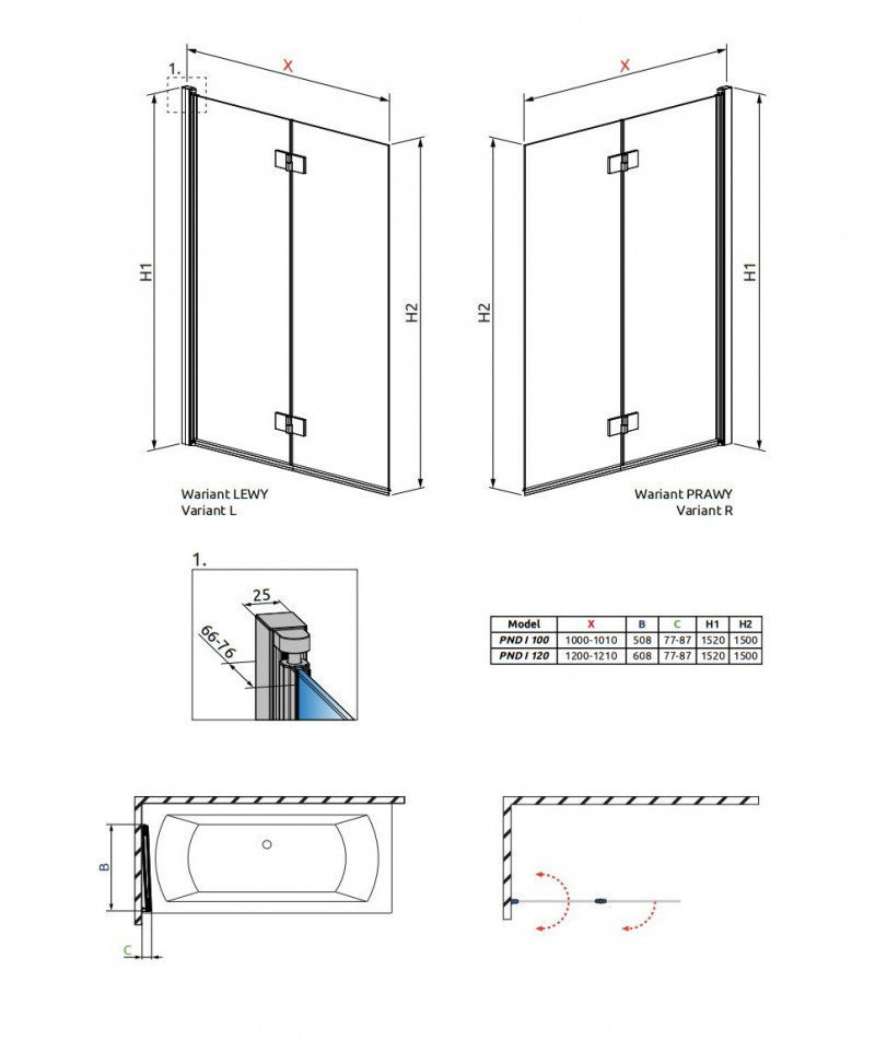 Radaway Essenza PND I parawan nawannowy dwuczęściowy składany 120 cm prawy chrom przeźroczyste Easy Clean 207212-01R