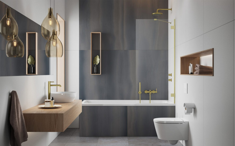 Radaway Essenza Pro Brushed Gold PNJ II parawan nawannowy jednoczęściowy 70 cm L/P złoty szczotkowany przeźroczyste Easy Clean 10101070-99-01