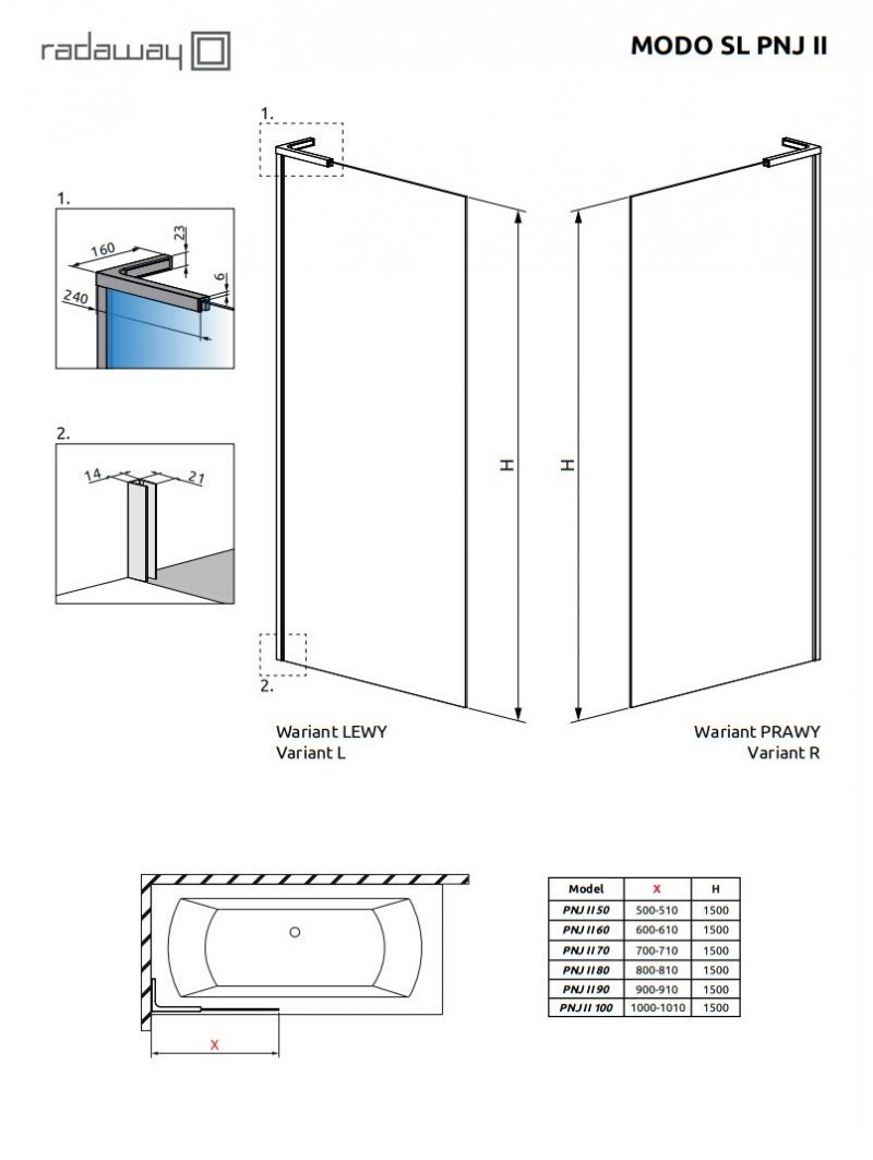 Radaway Modo SL Brushed Gold PNJ II parawan nawannowy jednoczęściowy 100 cm lewy złoty szczotkowany przeźroczyste Easy Clean 10316100-99-01L