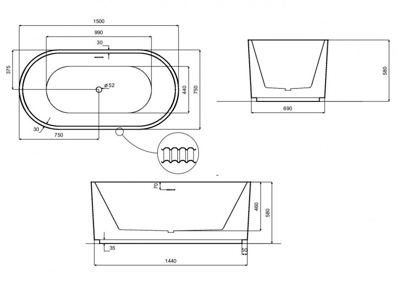 Besco Giuliana wanna wolnostojąca 150x75 akryl biały WAS-150-GL