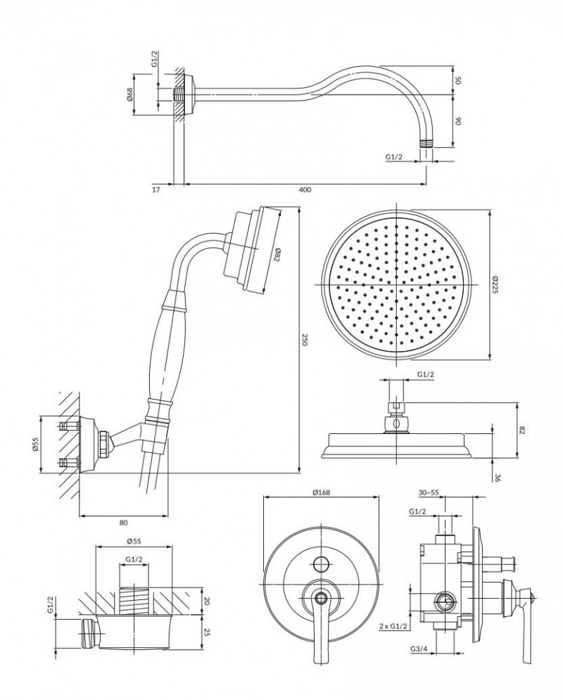 Omnires Armance system prysznicowy podtynkowy z deszczownicą retro złoty SYSAM10GL
