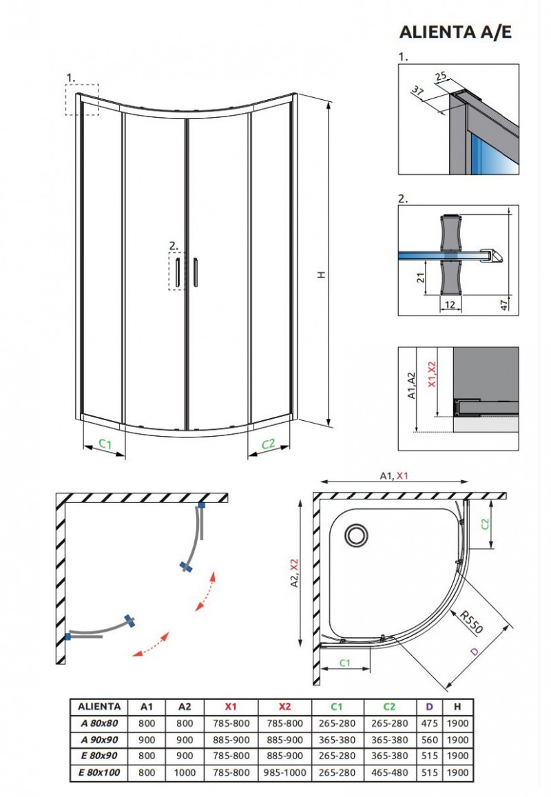 Radaway Alienta Black A kabina półokrągła 80x80 drzwi przesuwne czarny przeźroczyste Easy Clean 10228080-54-01