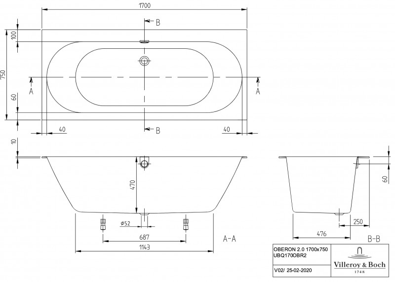 Villeroy&Boch Oberon 2.0 wanna prostokątna 170x75 biała weiss alpin UBQ170OBR2DV-01