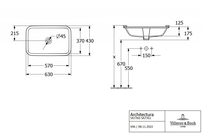 Villeroy&Boch Architectura umywalka podblatowa 57x37 biała weiss alpin 5A776101