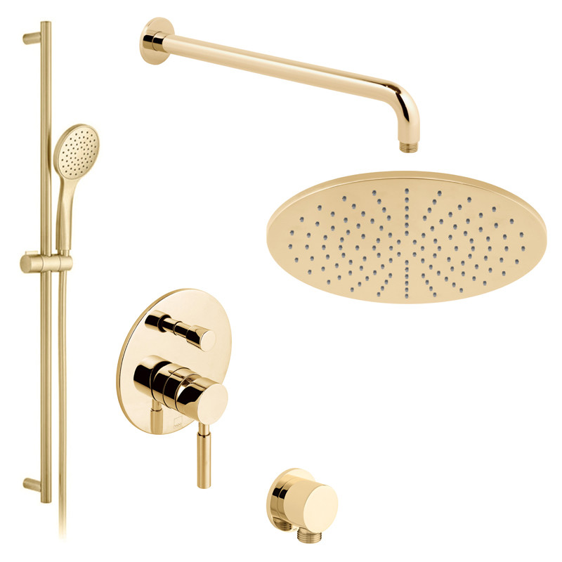 Vado Origins kompletny zestaw prysznicowy podtynkowy z deszczownicą 30x30 i drążkiem złoto polerowane IND-SS-ORI2-BG