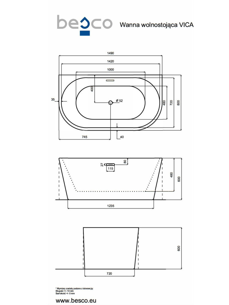 Besco Vica New wanna wolnostojąca przyścienna 150x80 cm akryl biały klik-klak biały WAS-150VNBI