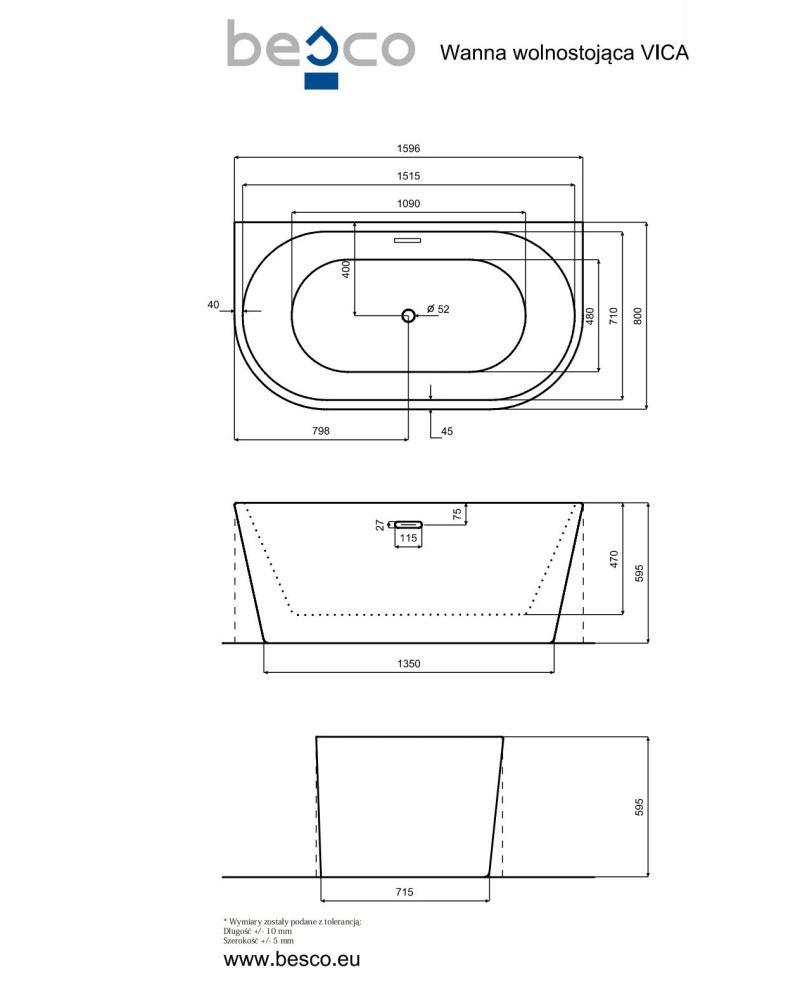 Besco Vica New wanna wolnostojąca przyścienna 160x80 cm akryl biały klik-klak chrom WAS-160VN