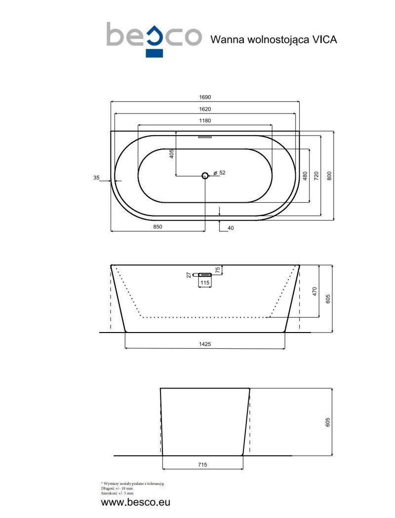 Besco Vica New wanna wolnostojąca przyścienna 170x80 cm akryl biały klik-klak biały WAS-170VNBI