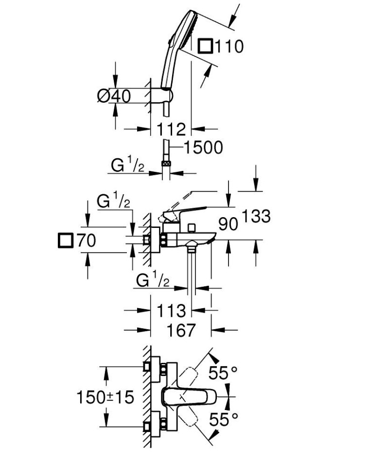 Grohe Cubeo bateria wannowa ścienna z zestawem prysznicowym chrom 1018140000