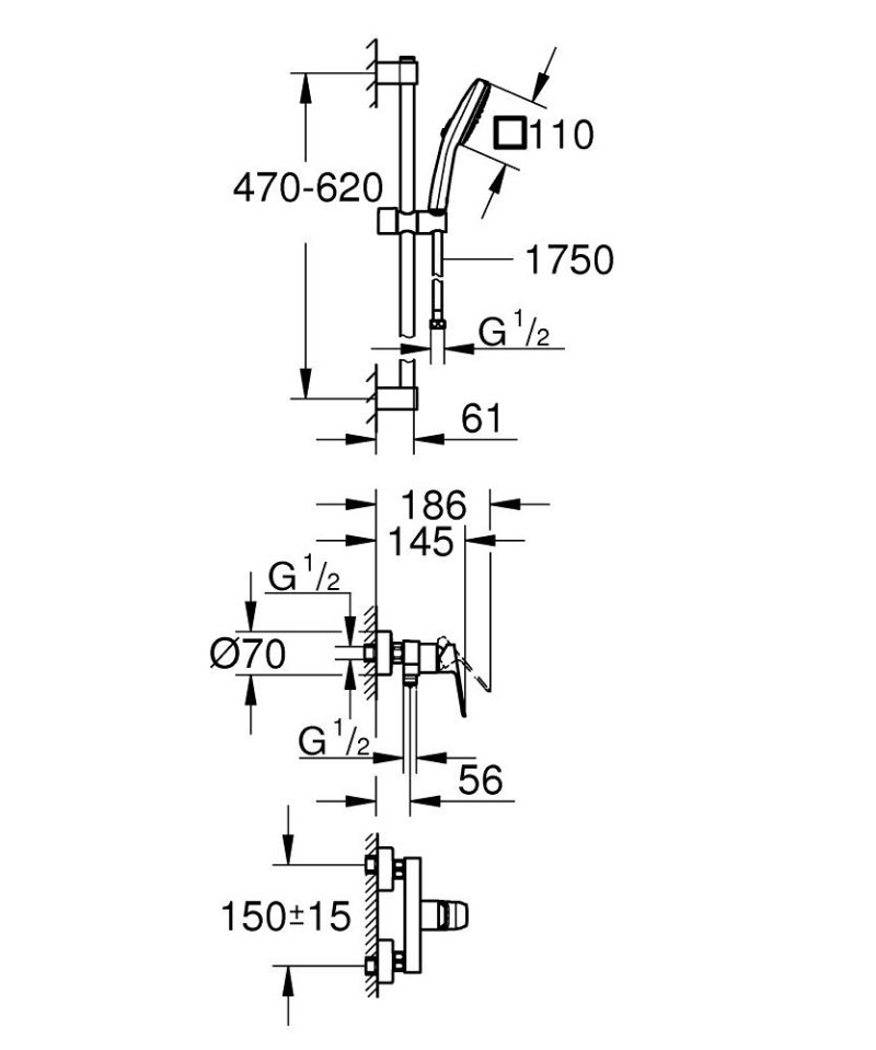 Grohe Cubeo bateria prysznicowa ścienna z zestawem prysznicowym czarny matowy 1018252430