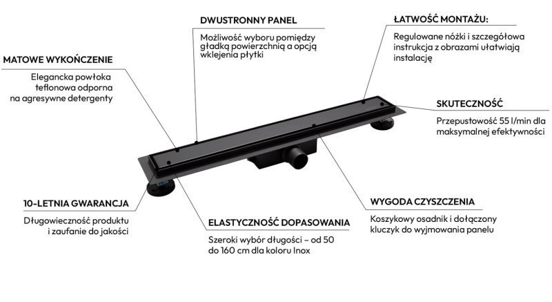 Balneo Duplex Next Black odpływ liniowy 100 cm, niski syfon, ruszt dwustronny czarny mat teflon BLK100N