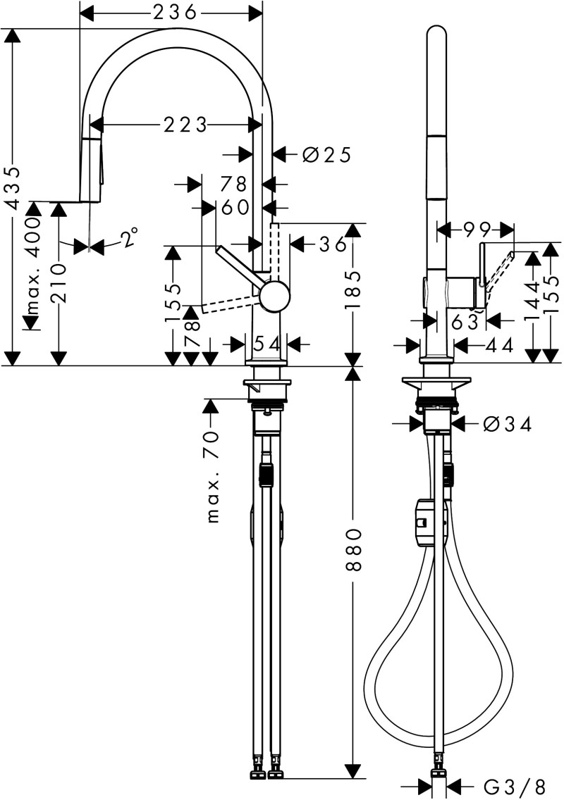 Hansgrohe Talis M54 bateria kuchenna 210 z wyciąganą wylewką 2jet stal szlachetna 72800800