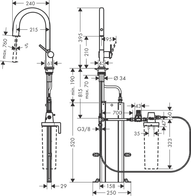Hansgrohe Aqittura M91 FilterSystem 210 1jet bateria kuchenna z wyciąganą wylewką, sBox czarny matowy 76826670