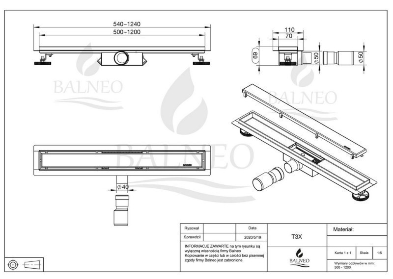 Balneo Duplex Next Gold odpływ liniowy 100 cm, niski syfon, ruszt dwustronny złoty szczotkowany BR-100N