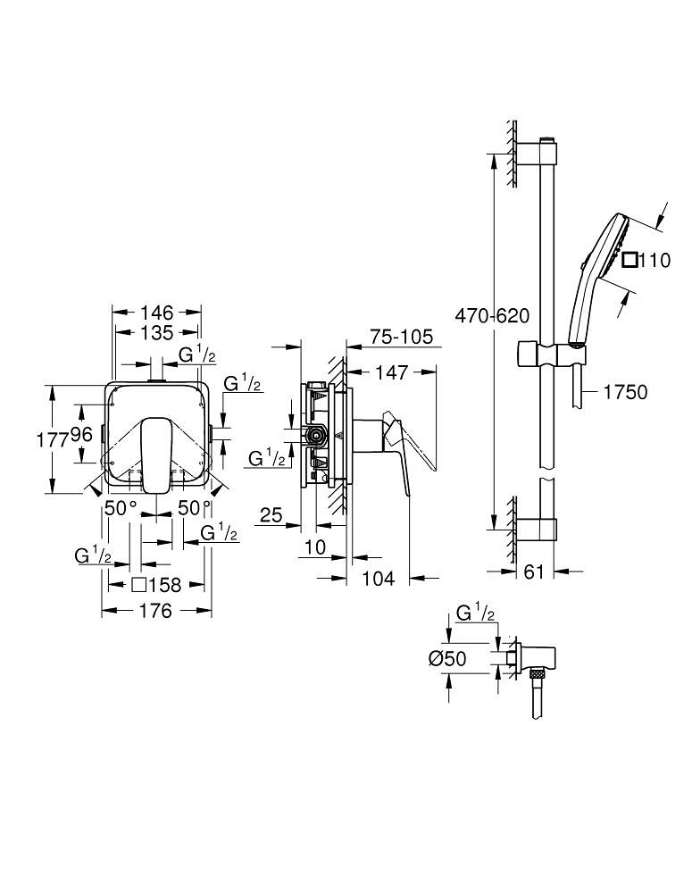 GROHE Cubeo podtynkowy zestaw prysznicowy z drążkiem Tempesta 110 chrom 1053350000