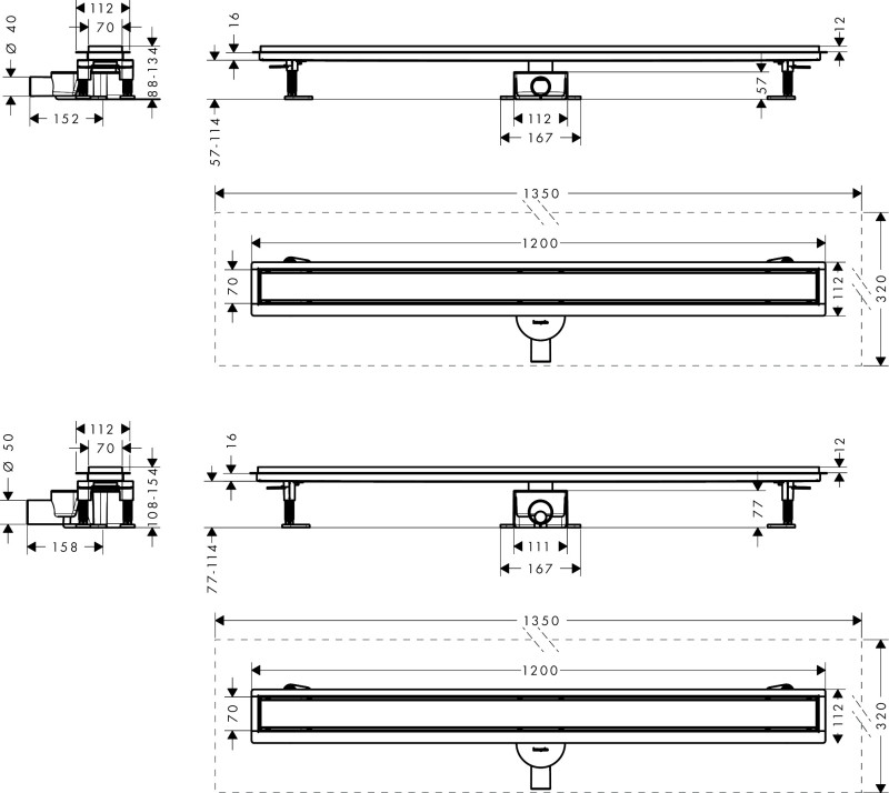 Hansgrohe RainDrain Go kompletny odpływ liniowy 120 cm ruszt ozdobny / do wyłożenia płytkami stal szcztokowana 56276800