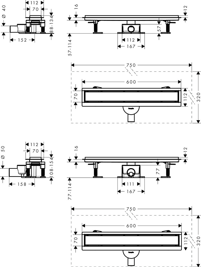 Hansgrohe RainDrain Go kompletny odpływ liniowy 60 cm ruszt ozdobny / do wyłożenia płytkami stal szcztokowana 56271800