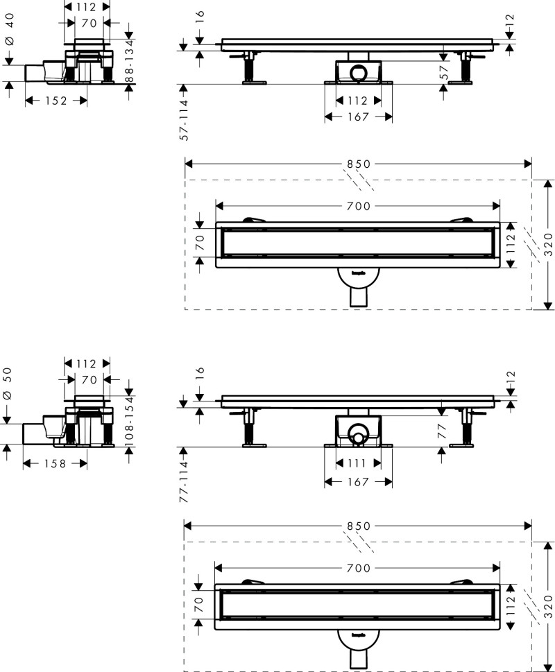 Hansgrohe RainDrain Go kompletny odpływ liniowy 70 cm ruszt ozdobny / do wyłożenia płytkami stal szcztokowana 56272800