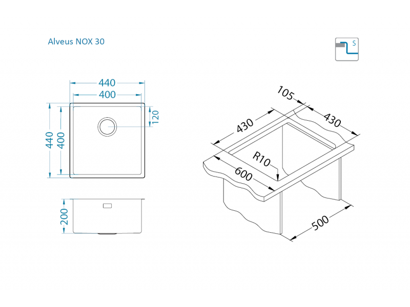 Alveus Nox 30 zlewozmywak komora podblatowa stal szlachetna 1149924