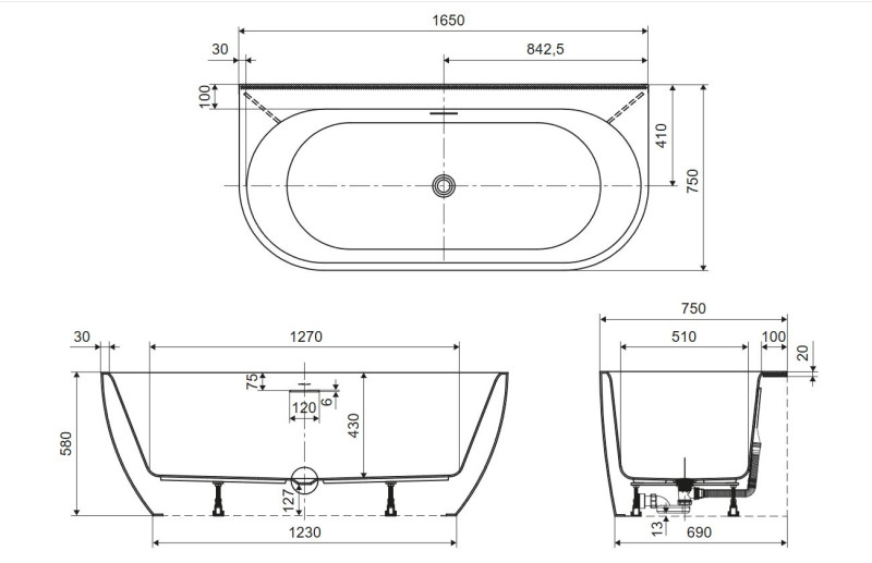 Excellent Oceana 2.0 wanna wolnostojąca przyścienna akryl 165x75 biały połysk WAEX.OCE2.165WP.WH