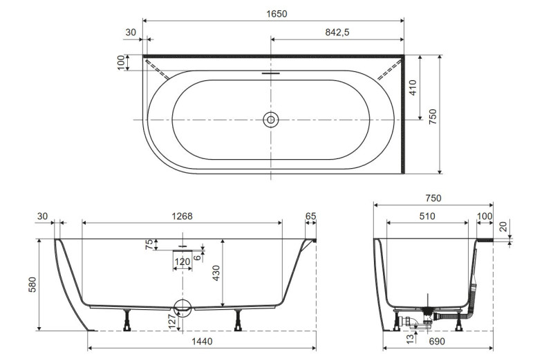 Excellent Oceana 2.0 wanna wolnostojąca narożna prawa akryl 165x75 biały połysk WAEX.OCE2.165NP.WH