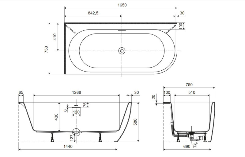 Excellent Oceana 2.0 wanna wolnostojąca narożna lewa akryl 165x75 biały połysk WAEX.OCE2.165NL.WH