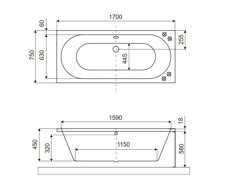 Excellent Oceana Slim wanna prostokątna 170x75 z nogami czarny mat WAEX.OCE17BLMS