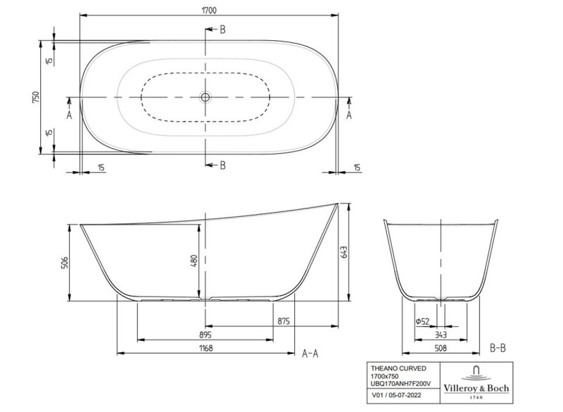 Villeroy&Boch Theano wanna wolnostojąca 170 x 75 Weiss Alpin UBQ170ANH7F200V-01