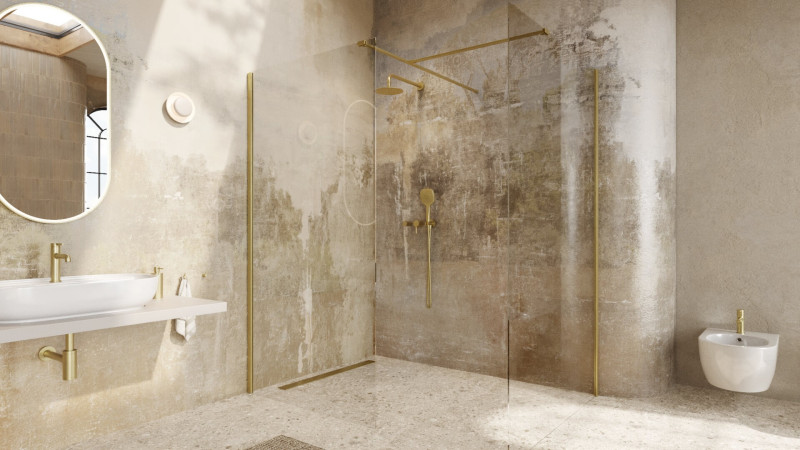 Excellent Vidoq kabina typu Walk-In 90 cm złoty szczotkowany przeźroczyste Clean Control KAEX.1506.900.LP.GB