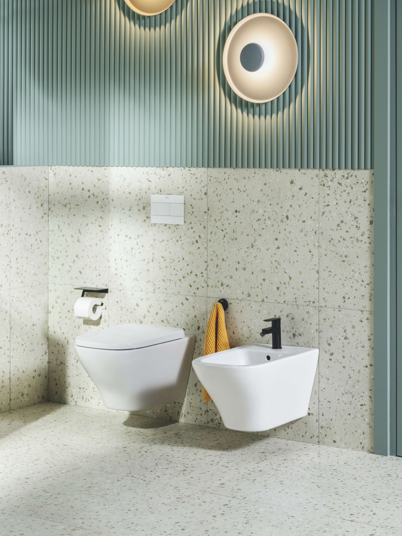 Roca Optica Rimless® Vortex muszla WC wisząca 53x35,5 cm + deska wolnoopadająca biały połysk A346V13000 + A801F72001