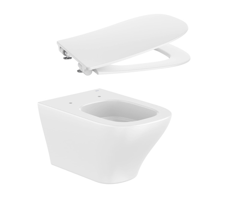 Roca Optica Rimless® Vortex muszla WC wisząca 53x35,5 cm + deska wolnoopadająca slim biały połysk A346V13000 + A801F72002