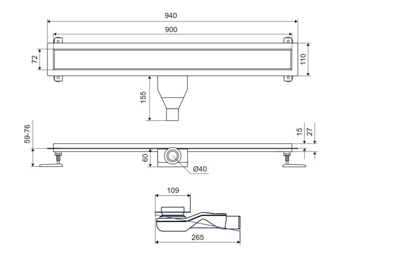 Excellent Stilio odpływ liniowy z rusztem do zabudowy płytką 90 cm niski 6 cm czarny mat INEX.1515.900.P.BL