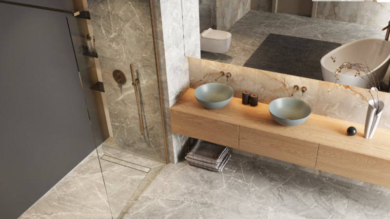 Excellent Stilio odpływ liniowy z rusztem do zabudowy płytką 80 cm niski 6 cm miedź szczotkowany INEX.1515.800.P.CB