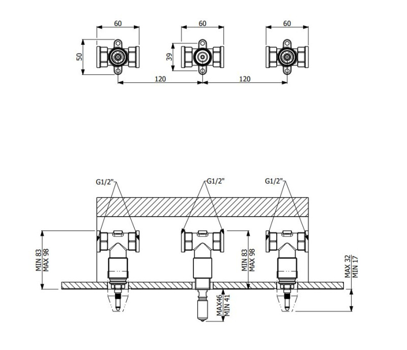 Villeroy&Boch element podtynkowy do trzyotworowej baterii umywalkowej TVW10610B15200