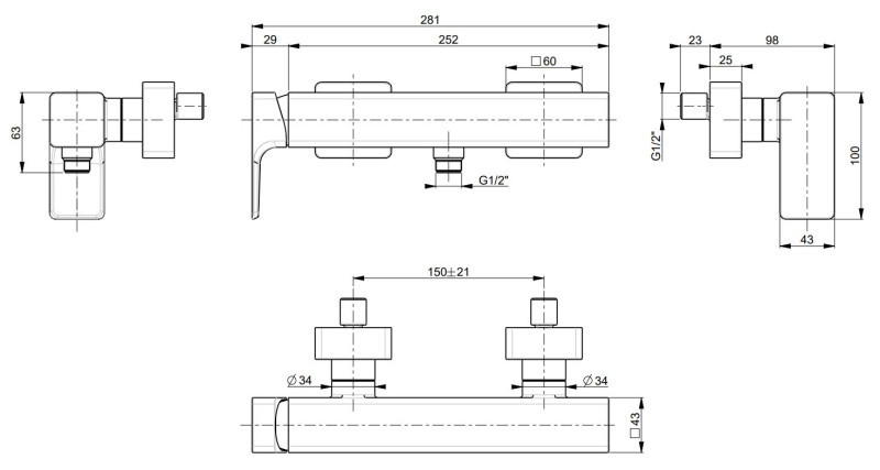 Villeroy&Boch Subway 3.0 bateria prysznicowa ścienna nikiel szczotkowany TVS11200100064
