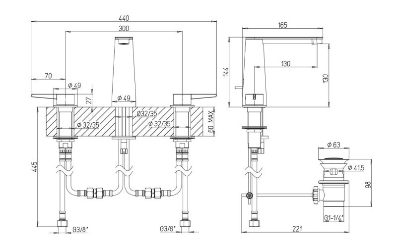 Villeroy&Boch Conum bateria umywalkowa trzyotworowa z korkiem nikiel szczotkowany TVW12700100064