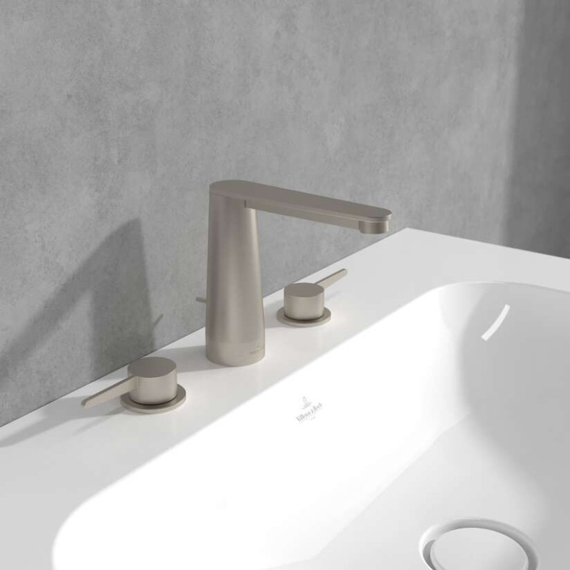 Villeroy&Boch Conum bateria umywalkowa trzyotworowa z korkiem nikiel szczotkowany TVW12700100064