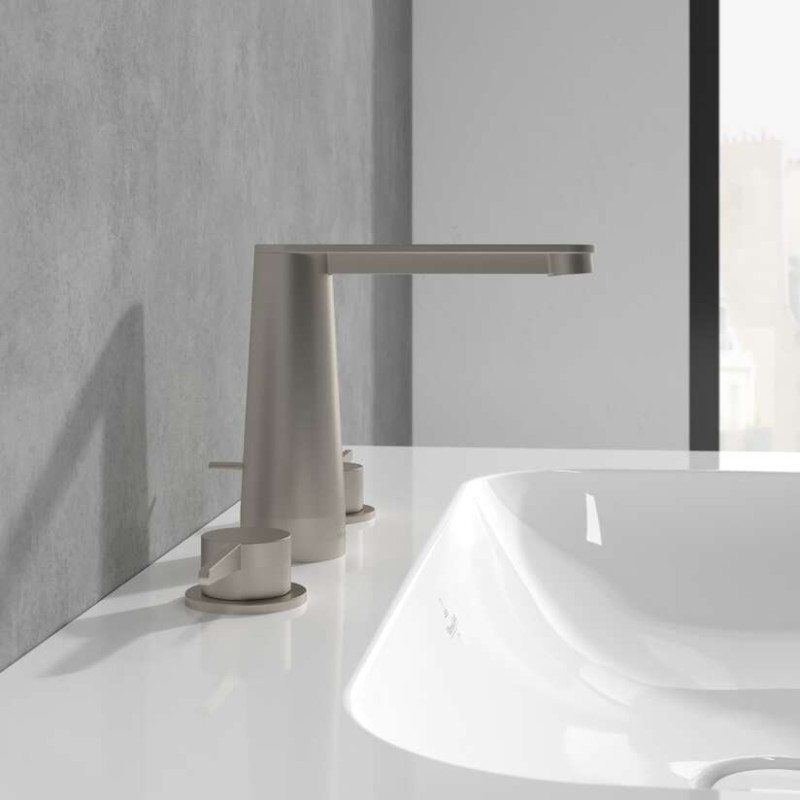 Villeroy&Boch Conum bateria umywalkowa trzyotworowa z korkiem nikiel szczotkowany TVW12700100064