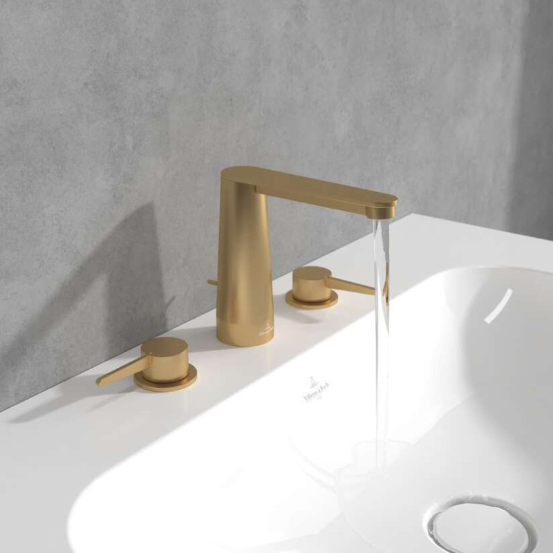 Villeroy&Boch Conum bateria umywalkowa trzyotworowa z korkiem złoty szczotkowany TVW12700100076