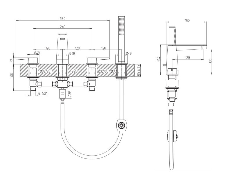 Villeroy&Boch Conum bateria wannowa czterootworowa nikiel szczotkowany TVT12700200064
