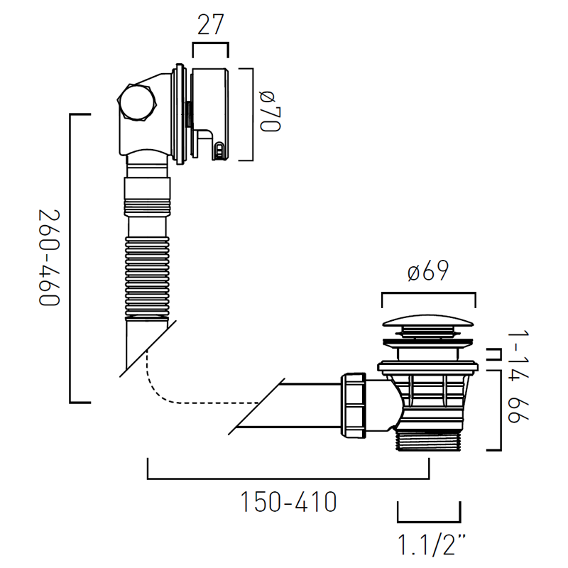 Vado syfon wannowy z napełnianiem z korkiem klik-klak gunmetal szczotkowany IND-2389-RO-BGM