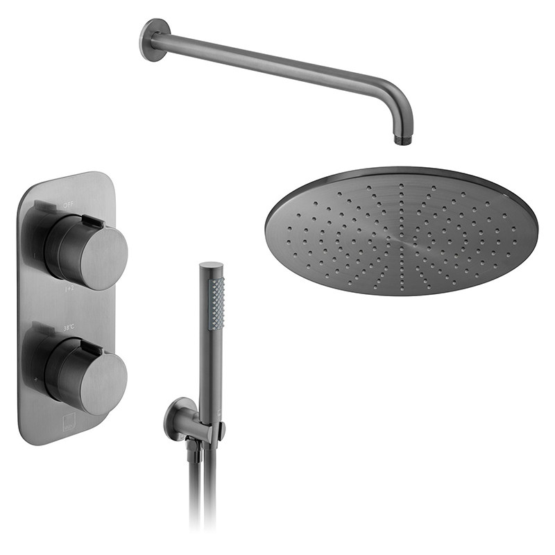 Vado Tablet kompletny termostatyczny zestaw prysznicowy podtynkowy z deszczownicą 30x30 i zestawem punktowym gunmetal szczotkowany IND-SS-TAB1-BGM