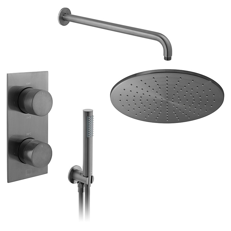 Vado Knurled kompletny termostatyczny zestaw prysznicowy podtynkowy z deszczownicą 30x30 i zestawem punktowym gunmetal szczotkowany IND-SS-TAB5-BGMK