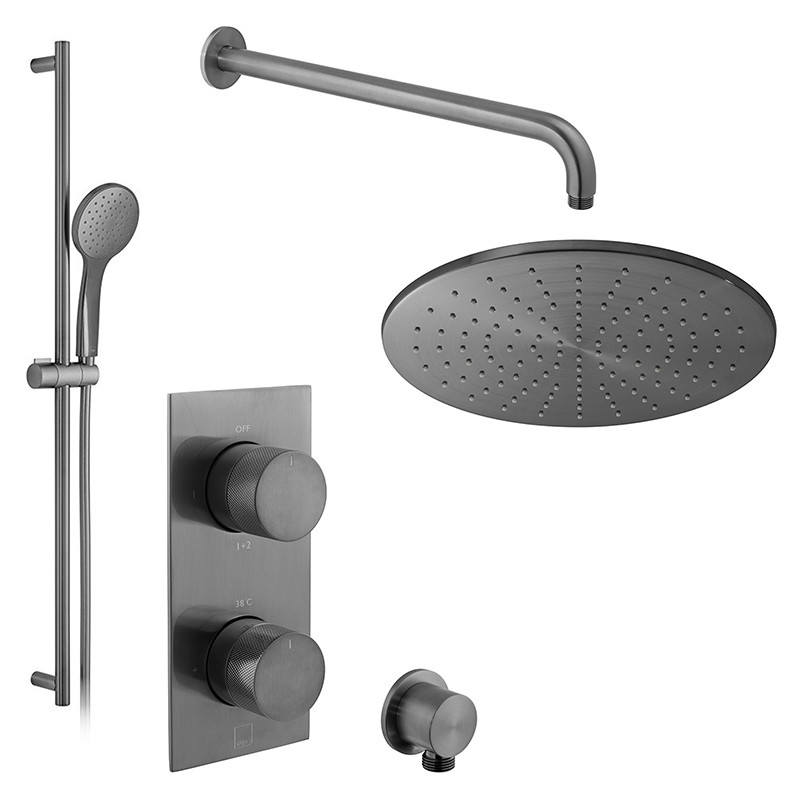 Vado Knurled kompletny termostatyczny zestaw prysznicowy podtynkowy z deszczownicą 30x30 i drążkiem gunmetal szczotkowany IND-SS-TAB6-BGMK