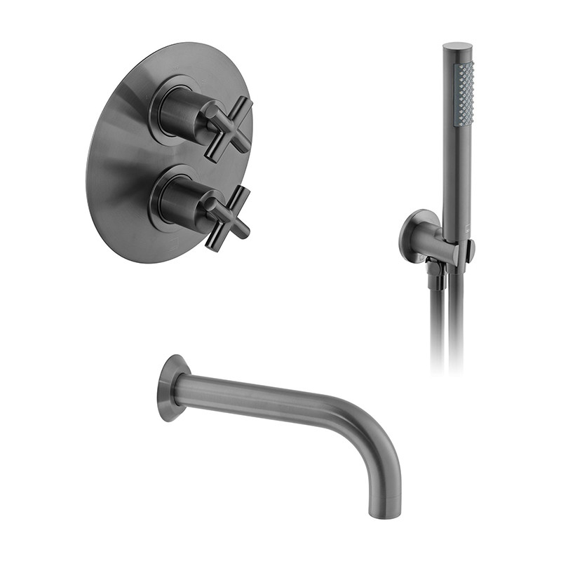 Vado Elements kompletny termostatyczny zestaw wannowy podtynkowy z wylewką i zestawem punktowym gunmetal szczotkowany IND-BS-ELE2-BGM