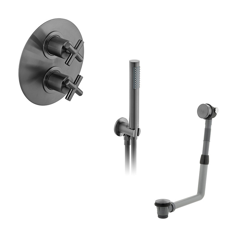 Vado Elements kompletny termostatyczny zestaw wannowy podtynkowy z napełnianiem wanny i zestawem punktowym gunmetal szczotkowany IND-BS-ELE1-BGM