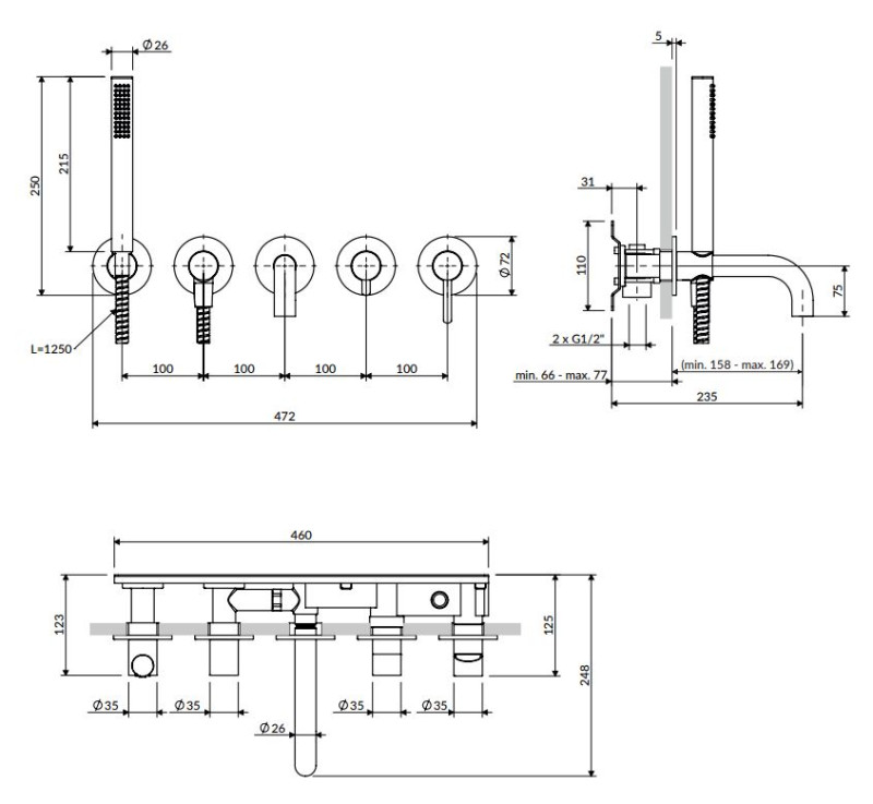 Omnires Y bateria wannowa 5-otworowa podtynkowa chrom połysk Y1237/1SCR