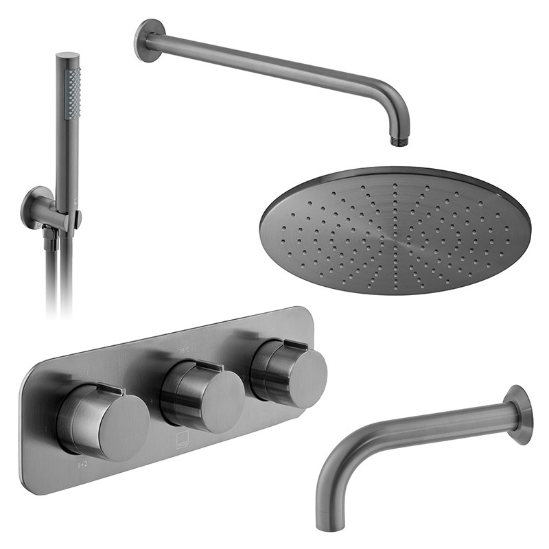 Vado Tablet termostatyczny zestaw wannowo-prysznicowy podtynkowy z deszczownicą 30x30 i wylewką gunmetal szczotkowany IND-3WS-TAB5-BGM