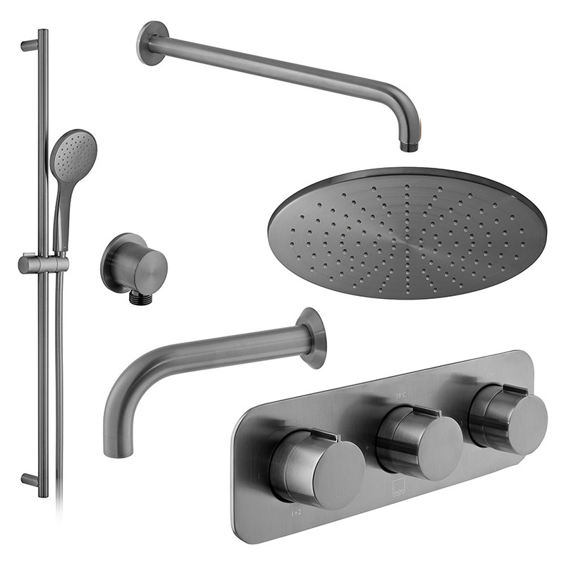 Vado Tablet termostatyczny zestaw wannowo-prysznicowy podtynkowy z deszczownicą 30x30 i wylewką gunmetal szczotkowany IND-3WS-TAB6-BGM