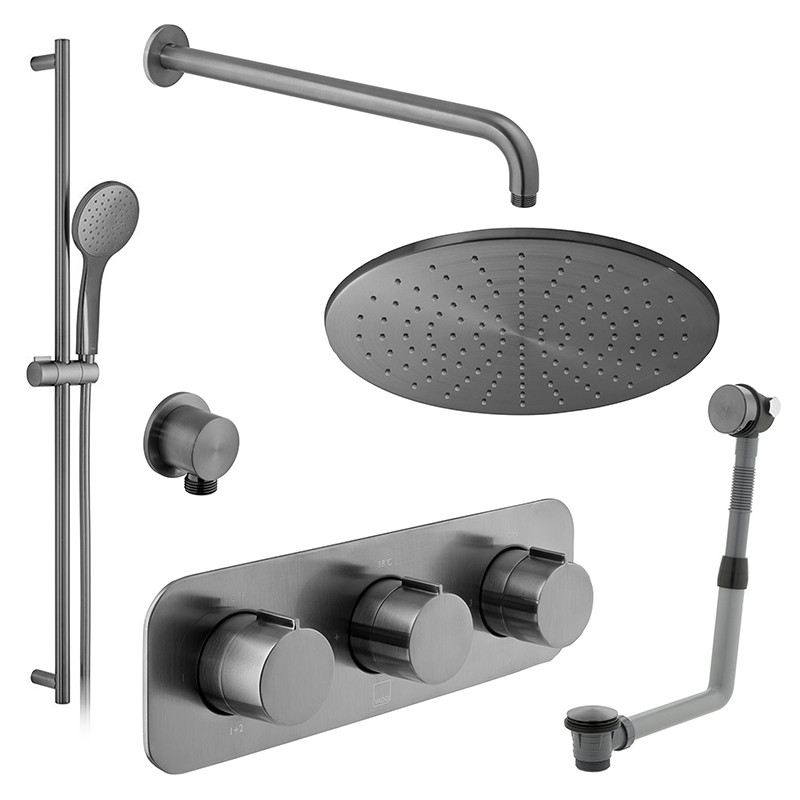 Vado Tablet termostatyczny zestaw wannowo-prysznicowy podtynkowy z deszczownicą 30x30 i napełnianiem wanny gunmetal szczotkowany IND-3WS-TAB2-BGM